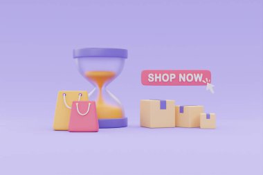 Çevrimiçi alışveriş kum saati, alışveriş çantası ve paket kutuları, pazarlama zamanı ve indirimli satış promosyonları..