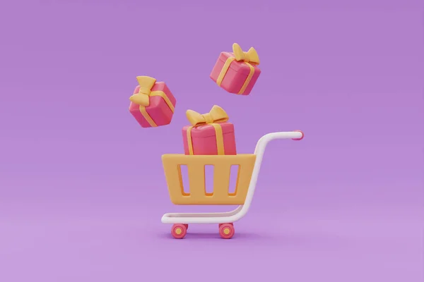 Кошик Подарунковими Коробками Концепція Флеш Продажів Фіолетовому Фоні Рендеринг — стокове фото