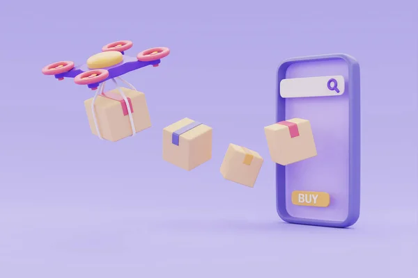 Akıllı telefondan çevrimiçi dağıtım hizmeti, mor arka planda paket kutuları olan İHA teslimatı, 3D görüntüleme.