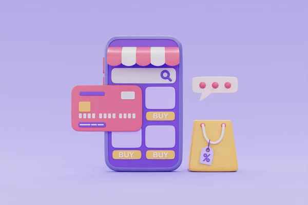 紫の背景にショッピングバッグやクレジットカードでスマートフォンのオンラインショッピングストア 3Dレンダリング — ストック写真
