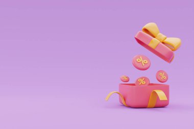 3D hediye kutusu ve satış promosyonu açıldı. Mor arkaplanda kopyalama alanı, 3D oluşturma