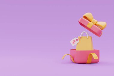 3D hediye kutusu ve alışveriş çantası açıldı. Arka planda kopyalama alanı var. 3D görüntüleme..