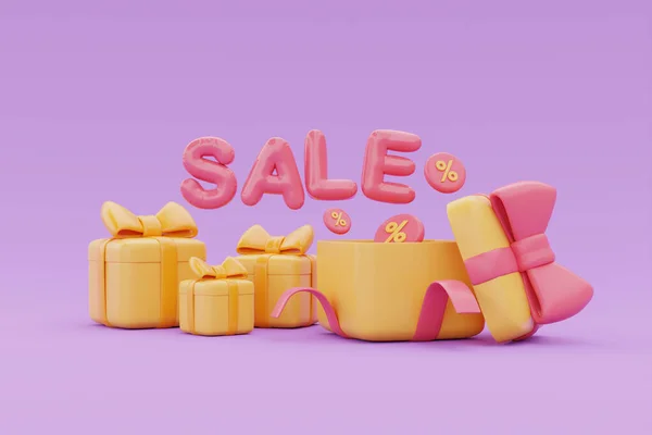 Great discount and sale promotion concept, Gift boxes with SALE word floating, 3d rendering.