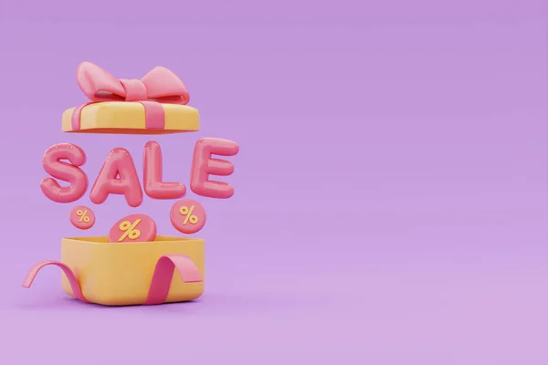 伟大的打折和促销理念 礼品盒与Sale字在紫色背景上飘浮 3D渲染 — 图库照片