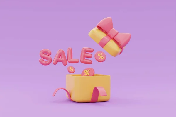 伟大的打折和促销理念 礼品盒与Sale字在紫色背景上飘浮 3D渲染 — 图库照片
