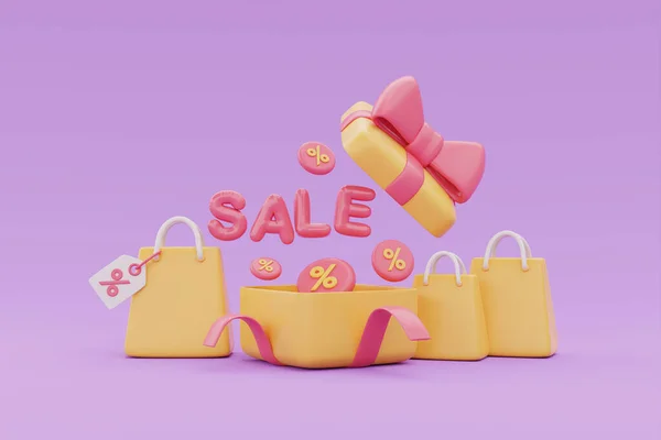 伟大的打折和促销概念 礼品盒和购物袋与Sale字浮动紫色背景 3D渲染 — 图库照片