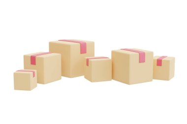 Beyaz arkaplanda izole edilmiş paket kutuları, alışveriş ve teslimat nesneleri koleksiyonu, 3D görüntüleme