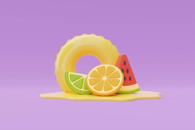 Yaz mevsimi konsepti, şişme yüzük ve mor arka planda renkli yaz meyveleri, 3D görüntüleme.