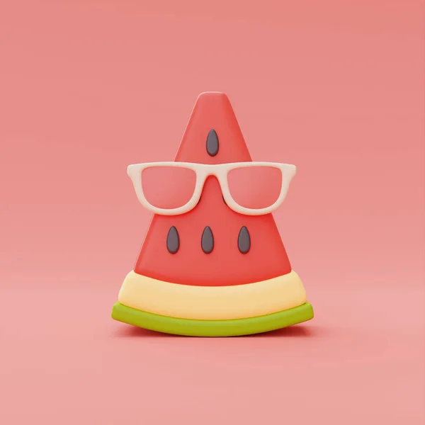 Scheibe Wassermelone Mit Sonnenbrille Isoliert Auf Rotem Hintergrund Sommerfrüchte Rendering — Stockfoto