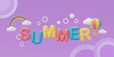 Mor zemin üzerinde yüzen renkli sıcak hava balonlu yaz zamanı konsepti, 3D görüntüleme