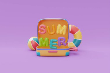 Bavullu yaz zamanı konsepti ve mor arka planda renkli yaz plajı unsurları, 3D görüntüleme