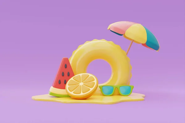 Conceito Tempo Verão Com Anel Inflável Frutas Coloridas Verão Fundo — Fotografia de Stock