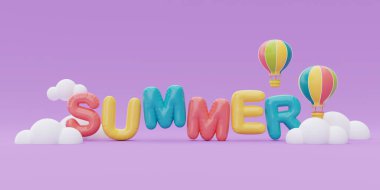 Mor zemin üzerinde yüzen renkli sıcak hava balonlu yaz zamanı konsepti, 3D görüntüleme