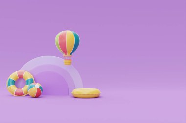 Mor zemin üzerinde renkli yaz plaj elementleri olan yaz sergisi, 3D görüntüleme
