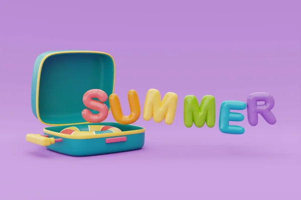 Sommerzeit Konzept Mit Koffer Und Bunten Sommer Strandelementen Auf Lila — Stockfoto
