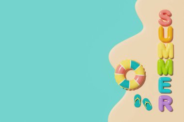 Renkli plaj elementleri ile yaz zamanı konsepti ve yaz metni, 3D yorumlama