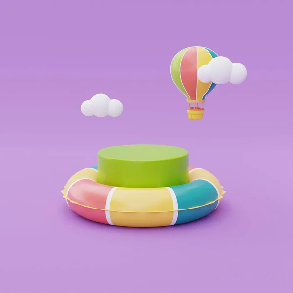 Colorful inflatable ring and display with colorful hot air ballon floating on purple background, Summer time concept, 3d rendering.