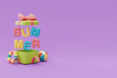 Renkli şişirilebilir yüzüklü hediye kutusu ve mor arkaplanlı yaz balonu metni, yaz zamanı konsepti, 3D görüntüleme.