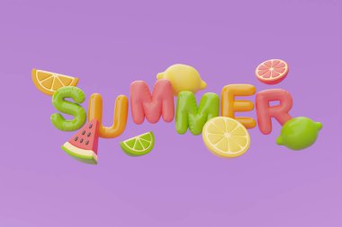 Renkli yaz meyveleri karpuz, limon, portakal, yaz zamanı konsepti, 3D sunum