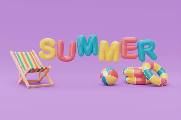 ビーチチェアと紫の背景にカラフルな夏のビーチ要素と夏の時間のコンセプト 3Dレンダリング — ストック写真