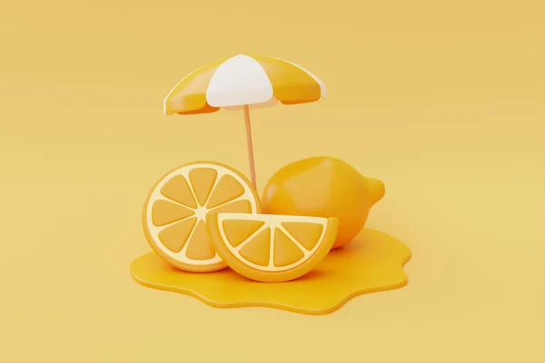 Orangenscheibe Mit Sonnenschirm Isoliert Auf Orangefarbenem Hintergrund Sommerfrüchte Rendering — Stockfoto