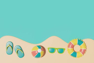 Renkli yaz plaj elementleri ile yaz zamanı konsepti, 3D görüntüleme