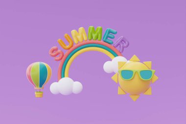 Yaz zamanı konsepti, güneş gözlüklü güneş ve mor arka planda renkli yaz plajı elementleri, 3D görüntüleme.