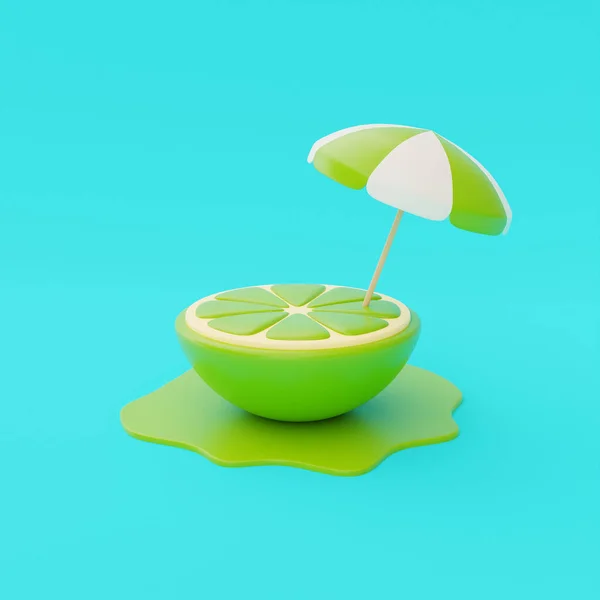 Zitronenscheibe Mit Sonnenschirm Isoliert Auf Blauem Hintergrund Sommerfrüchte Rendering — Stockfoto