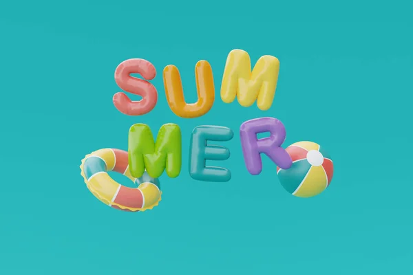 青の背景に夏とビーチ要素のカラフルなバルーンテキストと夏の時間の概念 3Dレンダリング — ストック写真