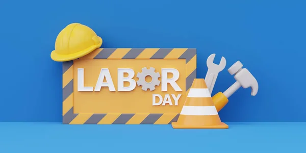 Happy labor day usa concept with construction tools and equipment on blue background, 3d renderin