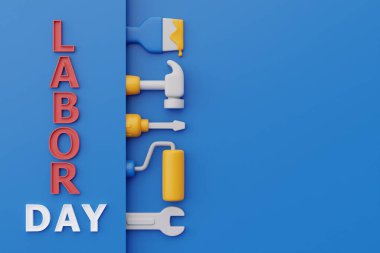 Mavi arka planda inşaat aletleri ve ekipmanlarıyla mutlu çalışma günleri, 3D renderin