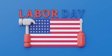 Mavi arka planda Amerikan bayrağı ve inşaat aletleri konsepti 3D renderin kutlu olsun.