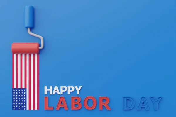 美国劳动节快乐的概念与美国国旗和海绵滚动式涂料 蓝色背景的施工工具 3D渲染 — 图库照片