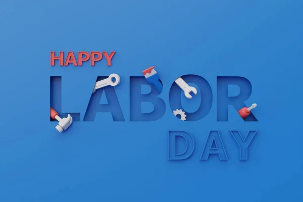 Happy labor day usa concept with construction tools and equipment on blue background, 3d renderin