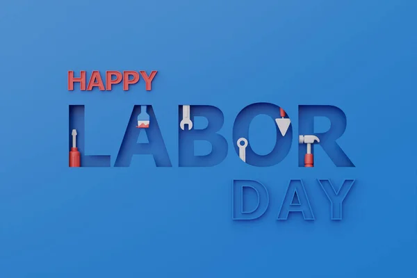 Happy labor day usa concept with construction tools and equipment on blue background, 3d renderin