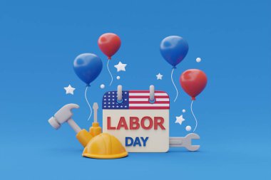 Takvim, inşaat aletleri ve mavi arka planda balon konsepti, 3D renderin