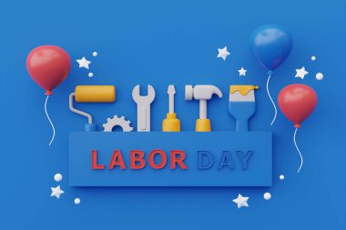 İnşaat araçları ve mavi arka planda balon konsepti 3D renderin