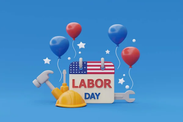 Happy labor day usa concept with calendar, construction tools and balloon on blue background, 3d renderin