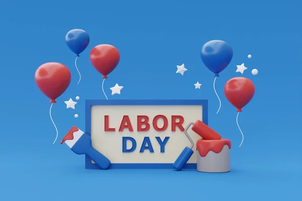 Happy labor day usa concept with construction tools and balloon on blue background, 3d renderin