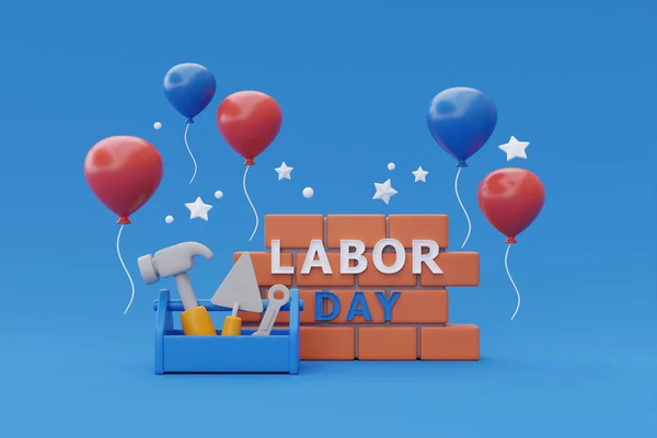 Happy labor day usa concept with brick wall, construction tools and balloon on blue background, 3d renderin