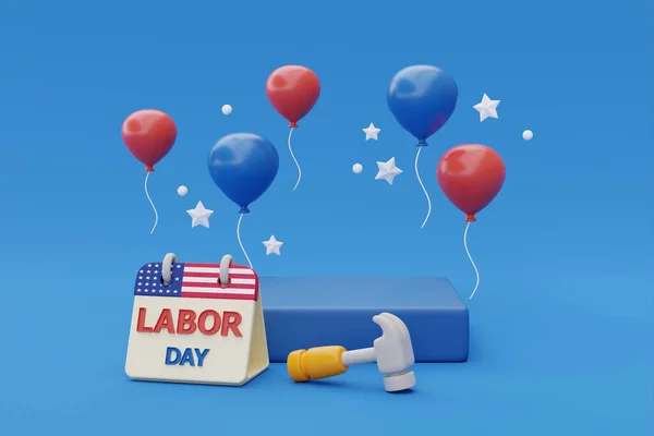 Happy labor day usa concept, podium display with construction tools and balloon on blue background, 3d renderin
