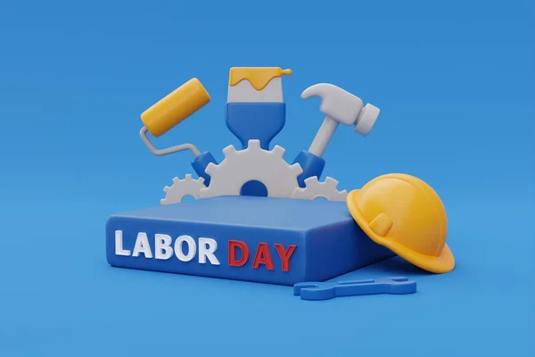 Happy Labor Day Usa Konzept Podiumsdarstellung Mit Bauwerkzeugen Und Luftballon — Stockfoto