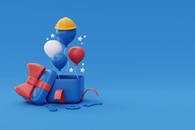 İşçi Bayramı 'nız kutlu olsun. Hediye kutuları, inşaat aletleri ve mavi arka planda balon, 3D renderin.