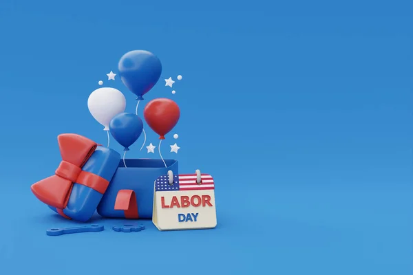 Happy labor day usa concept, gift boxes with construction tools and balloon on blue background, 3d renderin