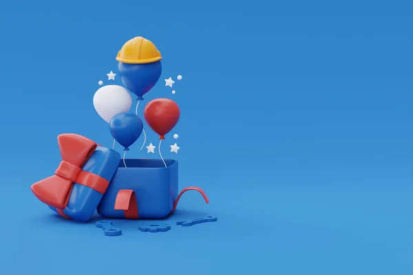 İşçi Bayramı 'nız kutlu olsun. Hediye kutuları, inşaat aletleri ve mavi arka planda balon, 3D renderin.