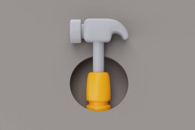 İnşaat aletleri ve ekipmanlar, gri arka planda izole edilmiş çekiç, işçi günü. 3d renderin