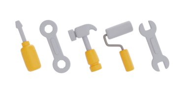 İnşaat aletleri ve ekipmanları, tornavida, ingiliz anahtarı, çekiç, sünger silindiri, işçi bayramı. 3d renderin