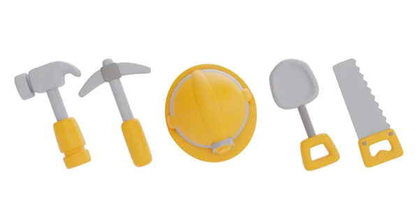 Set Construction Tools Equipment Hammer Pickaxe Safety Helmet Shovel Saw — 스톡 사진