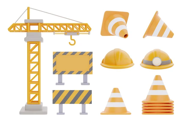 Set Construction Tools Equipment Yellow Tower Crane Construction Sign Traffic — Stockfoto