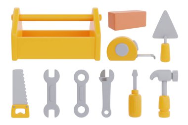 set of Toolbox, saw, wrench, screwdriver, hammer, Tape measure , Trowel, construction tools and equipment, labor day. 3d renderin